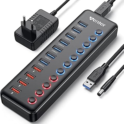 USB Hub Aktiv 3.0 mit Netzteil 36W, WENTER 11 in 1 USB Hub ( 7 USB 3.0 Ports Datenübertragung und 4 Ports Schnellladegerät) mit Schalter und 1 Intelligenter Charging Port und 12V/3A Netzteil Adapter Cover