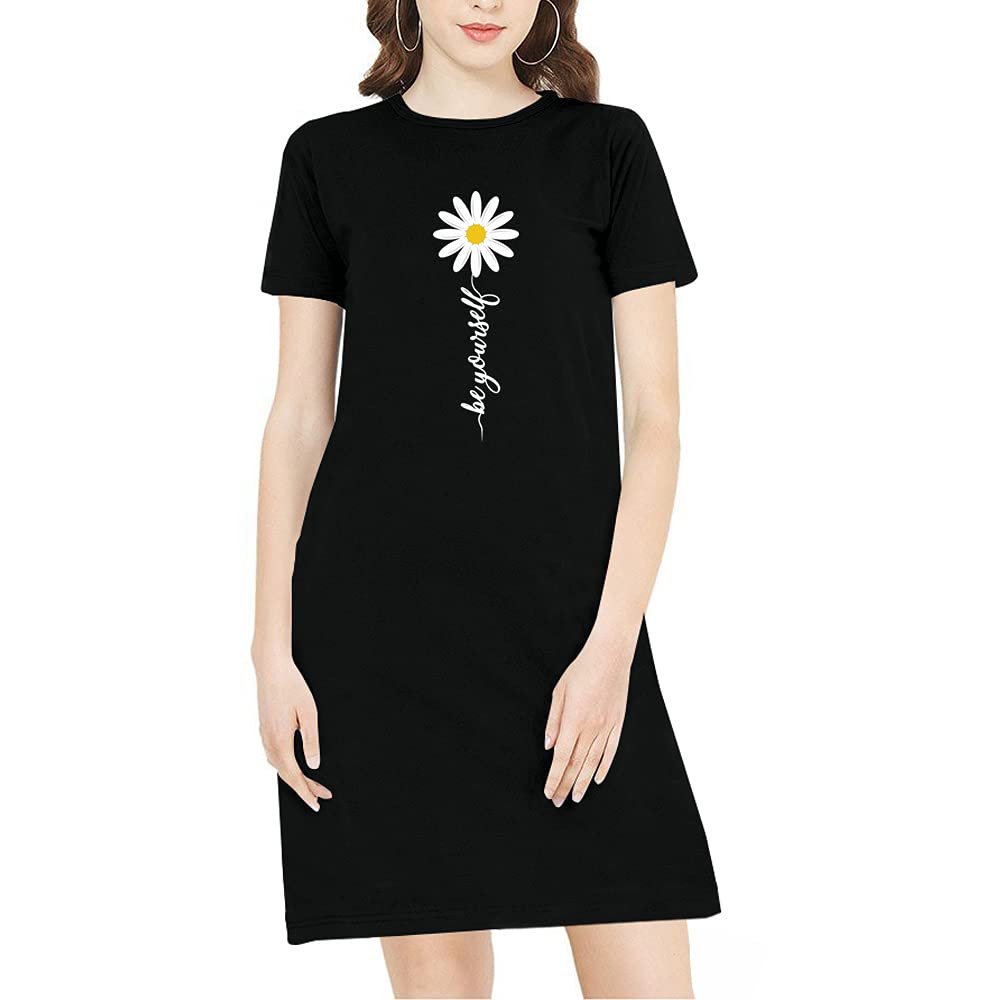 oplu Women's Regular Fit Tshirt Knee Length Be Yourself Flower Cotton Graphic Printed Round Neck Half Sleeves Black & White T Shirt. Trending, Pootlu Trendy Tshirts-picture-30