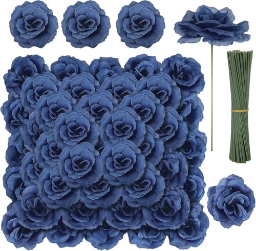 LELEE 108 Pcs Artificial Flowers Fake Silk Roses Long Stem Rose Bouquet Wedding Party Home Decor for DIY Baby Shower Centerpieces Tables Home Decorations(Navy Blue)