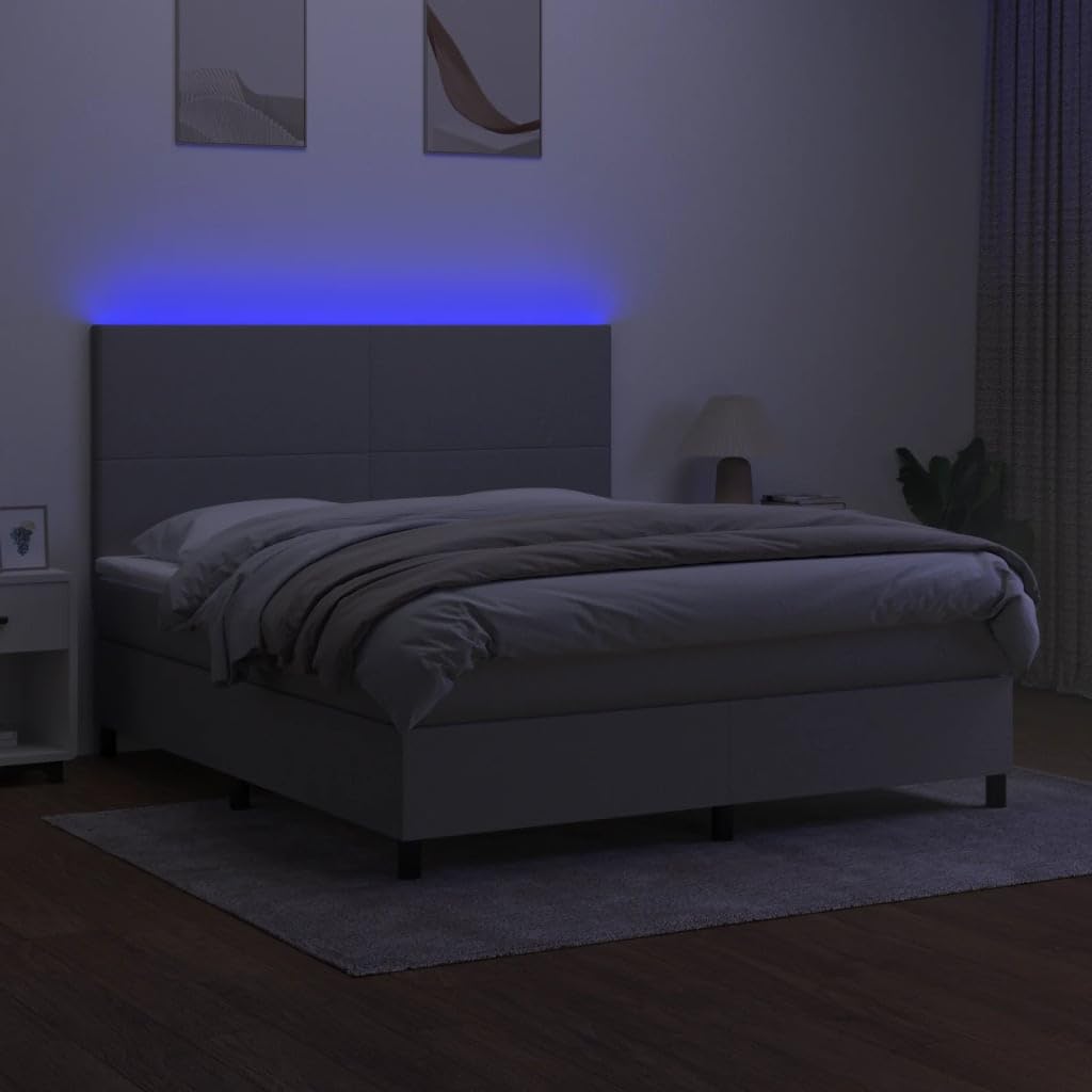 Tkanina regulowany zagłówek LED 180x200cm Szary | Łóżko kontynentalne z materacem i LED jasnoszare 180x200cm tkanina z regulowanym zagłówkiem