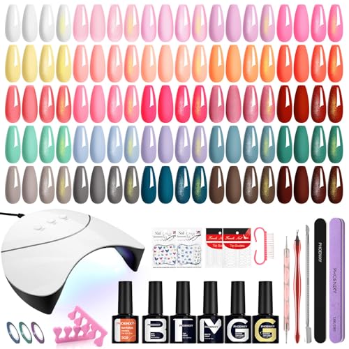 Phoenixy Kit Semipermanente Unghie 30PCS Kit Unghie Gel Completo con U V/LED Lampada Base Top Coat Semipermanente Unghie per Principianti Rosa Rosso Arancione Viola