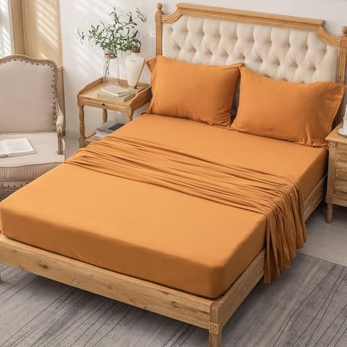 PURE ERA Jersey Knit 3pcs Bed Sheet Set 100% T-Shirt Heather Cotton Super Soft Comfy Breathable Fits Mattress Up to 20" Extra Deep Pocket (Solid Burnt Orange, Twin XL)