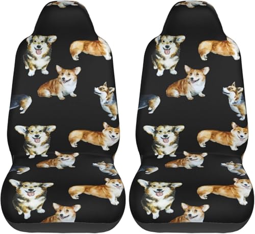 面白い コーギー 犬柄 (3) シートカバー 2枚 前席 防汚 カーシートカバー シートエプロン クッション 軽自動車 普通車 ブラック 運転席 助手席 座席 おしゃれ 車用 シート カバー プレゼント zk104