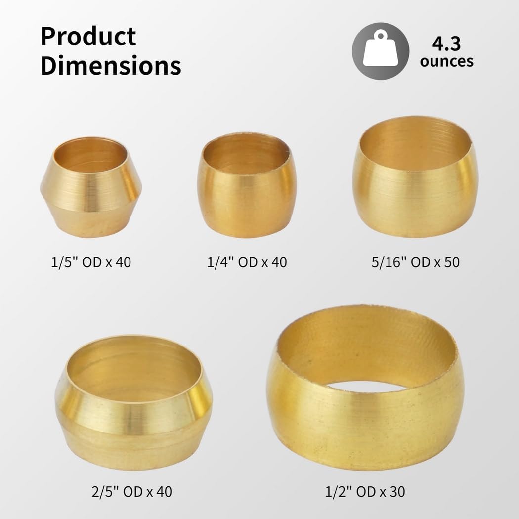 200Pcs Brass Compression Fitting Set, 5 Sizes Ferrule Sleeves for Tube Connections, & Reliable