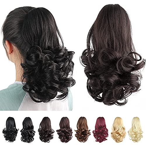 Ponytail Extension,HSPJHTM Brown Hair Extensions Ponytail Extension Claw for Women Curly Hair Piece 12" Synthetic Pony Tail Hair Extensions Very Short & Voluminous Curled Wavy Dark Brown