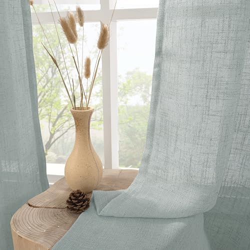 Image of LAMIT Short Linen Curtains 40 Inches Long for Small Window, Bronze Grommet Linen Drapes Light Filtering Sheer Window Curtains for Kitchen, Set of 2 Panels (34 x 40 Inch, Greyish Blue)