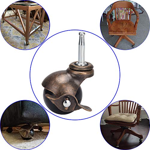 Dicasal 2" Swivel Stem Antique Gold Ball Casters Wheels Hooded Caster With 5/16" X 1-1/2" Mounting Wood Stem & Socket Pack Of 4 (With Brakes) #TOP3