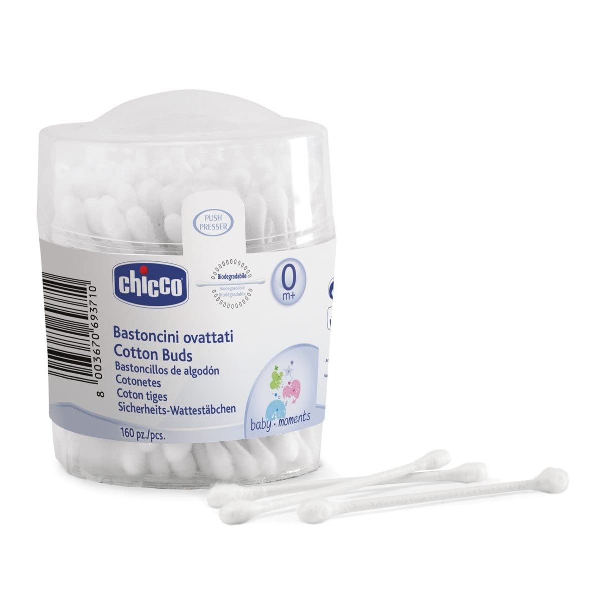 Chicco Cotton Tips with Ear Cleaning Protection, Made of Paper Stem, Safe and Hygienic for Babies, Biodegredable (160 Pieces)