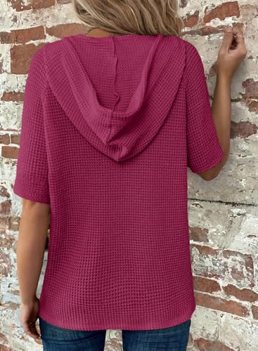 Image of Dokotoo Womens Summer Tops Waffle Knit Short Sleeve Lightweight Drawstring Hoodies Button V Neck Casual Blouses Shirts