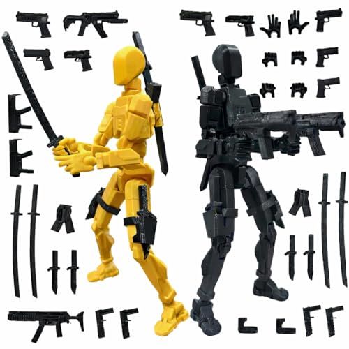 Image of ONNGEO 2 Pack Action Figures Titan 13, 3D Printed Multi-Joint Movable Robot with Weapons and Accessories, Desk Decoration (Yellow, Black)