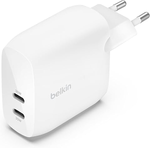 Belkin Boost Charge Çift USB-C Fişi, PPS'li, iPhone 16 ve Diğerleri, iPad, Samsung Galaxy, Google Pixel, MacBook için 60W Şarj Cihazı, USB-C'den Lightning Kablosu ve USB-C Uyumlu, Beyaz