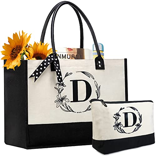 BeeGreen Personalized Gift for Women Mother Friends Initial Monogram Tote Bag with Makeup Bags Birthday Gift Bag with Leather Handles & Inner Zipper Pocket Letter D