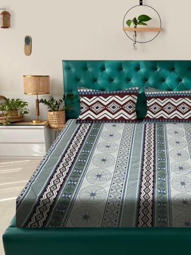 Image of ROSARAHOME 180 TC Microfiber Flat Queen Size Double Bed Bedsheet with 2 Pillow Cover| Bedsheet:240cmx225cm Pillow Covers:45cmx70cm,Ethnic Multicolor