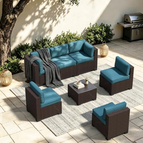 Image of 7 Piece Patio Furniture Set, Wicker Patio Conversation Sets, Outdoor Sectional Furniture with Tempered Glass Table, for Backyard, Deck, Garden, Dark Brown Rattan & Peacock Blue Cushions