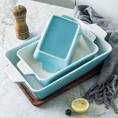 Samsle Baking Dishes, Ceramic Bakeware Set, Rectangular Cake Tray Pan for Thanksgiving Party, Oven, Microwave,Dishwasher Safe 500 Degree, Set of 3 Size - White&Turquoise - Thumbnail 4