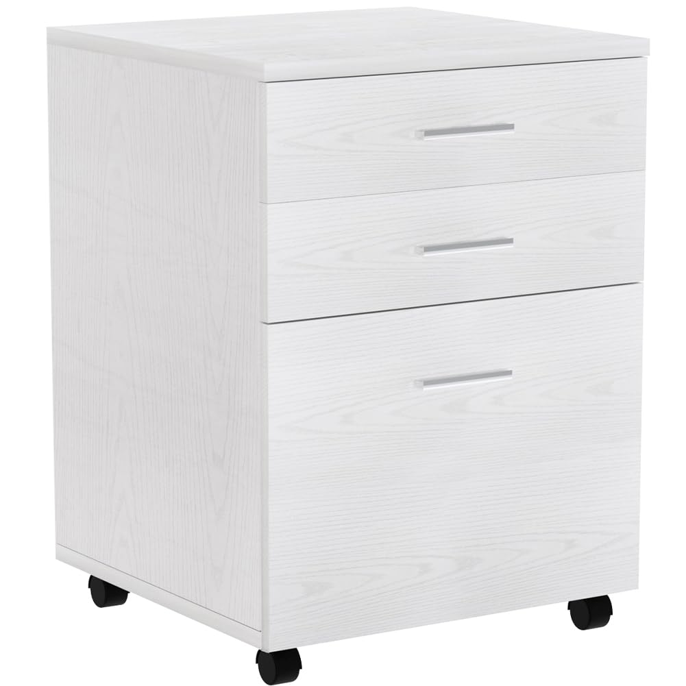BAKAJI Cassettiera Mobile Scrivania Mobiletto Porta Stampante in Legno MDF con 3 Cassetti e 4 Ruote Girevoli Design Moderno Arredamento Casa Ufficio Dimensione 46,5 x 45 x 64 cm (Bianco Frassinato)