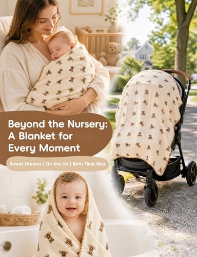 Image of Baby Blanket 40x40 Inches,Muslin Cotton and Minky Dotted Double Layer Soft Receiving Blanket for Newborn Toddler,Cuddle Bear