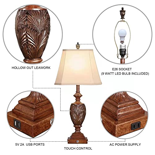 29.5"H Touch Control Traditional Table Lamp Set Of 2,Vintage Bedside Lamp Nightstand Lamps With Dual Usb Ports,3-Way Dimmable Hollow Out Leafwork Bronze Wood Finish Desk Lamps For Living Room,Bedroom #TOP2