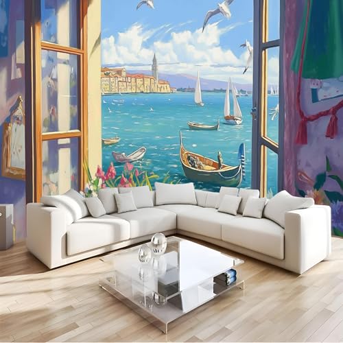 JSCWDET Papel Tapiz Para Sala Estar,Paisaje costero Papel Tapiz Vertical Seda 3D, Mural Pared Paisaje toldo a rayas Patrón 3D,Transpirable Pared Fotomural Papel Tapiz Salon Cocina 150 X 105 cm