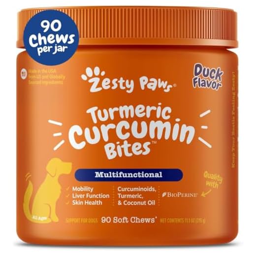 Zesty Paws Turmeric Curcumin for Dogs - for Hip & Joint Mobility Supports Canine Digestive Cardiovascular & Liver Health - Coconut Oil for Skin Health with 95% Curcuminoids + BioPerine Duck, 90 Count