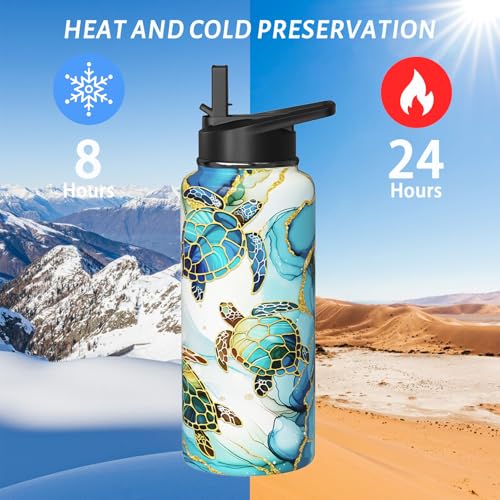 Sabobo Sea Turtle Gifts 32oz Water Bottles for Women Men, Blue Marble Stainless Steel Leak Proof Sport & Gym Water Bottle with Flip Straw & Spout Lid (1 PC)