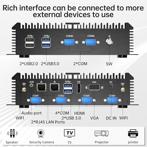 Image of Industrial Mini PC, Desktop Fanless Computer Core i7-5500U 2.4-3.0GHz, Windows 10 Pro, 16G RAM, 512G SSD, Dual LAN, 6xCOM RS232, 4xUSB 3.0, HDMI /VGA Ports, Auto Power On, Full Metal Case