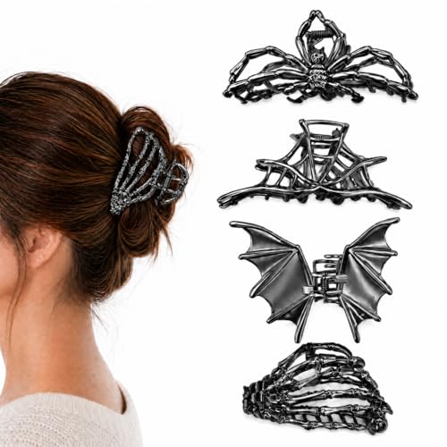 4PCS Gothic Spider Web Skeleton Hand Skull Bat Hair Claw Clips for Women Girls Large Metal Hair Clips for Thick Thin Hair Non-Slip Strong Hold Goth Hair Accessories Halloween Party Gift