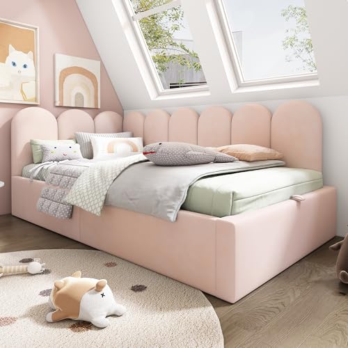 Luxeza Cama tapizada, sofá cama de día con almacenamiento hidráulico, cuna con somier de láminas de metal, terciopelo, (sin colchón) (rosa, 90 x 200 cm)