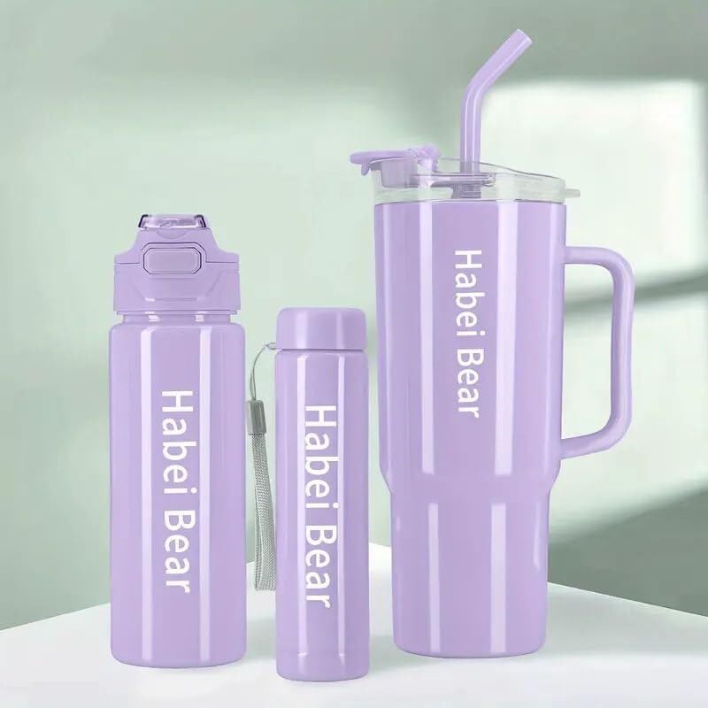 Image of Large Handle Water Bottle with Straw for Desk, Office, Travel - 1200 /900 /300 ML Gradient & Matte Hydration Bottle Set (Lavender)