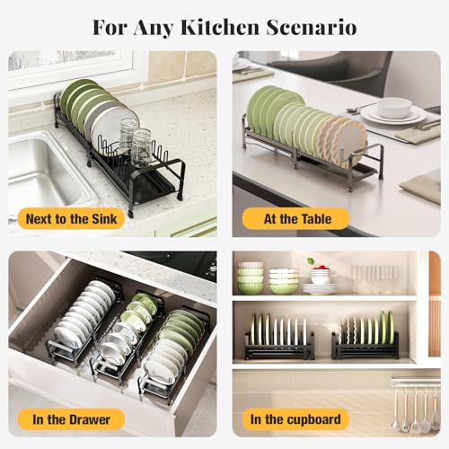 Image of DEVA Dish Drying Rack, Expandable Utensils Drying Rack, Space Saving Stainless Steel Dish Rack with Drainer Tray.