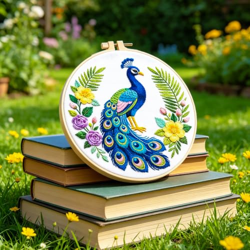 Image of INFUNLY 4pcs Green Peacock Embroidery Kit for Beginners Peacock Flowers Cross Stitch Kits with Pre-Printed Patterns 11.6x11.6inch Embroidery Starter Kit with 22 Colors Thread for DIY Craft Lovers
