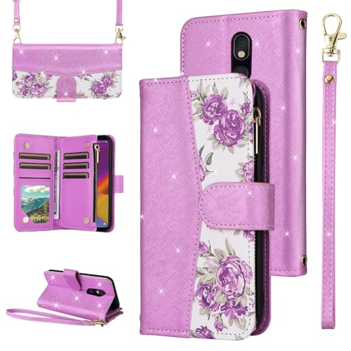 Furiet for LG Stylo 5/5+/5V/5X/Stylo5 Plus Floral Wallet Case Flip Zipper Purse Wrist Strap Shoulder Strap Stand Phone Cover for LGStylo5 Stylus 5plus Style 05 Five lgstylo5case Sylo5 Women Purple
