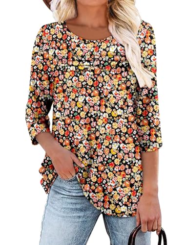 KISSMODA Women's Casual 3/4 Sleeve T-Shirts Round Neck Cute Tunic Tops Basic/Pleated Summer Tops Trendy Spring Blouses