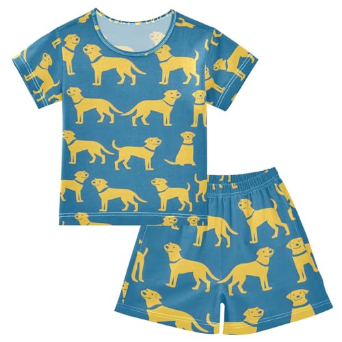 ALAZA Dog Puppy Blue Cartoon Pajamas Set Short Sleeve Cotton Sleepwear Summer Pjs 2 Piece 5-14Y