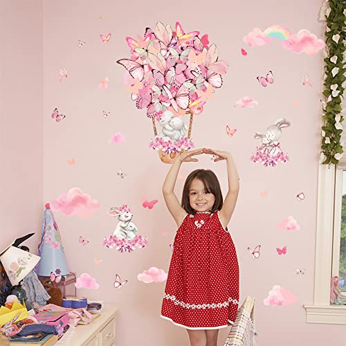 SUPERDANT Pink Bunny Wall Stickers Butterflies Hot Air Balloon Decal Girls Bedroom Stickers Decor Nursery Playroom Vinyl Waterproof Wall Decoration for Girls Bedroom Classroom - Image 4