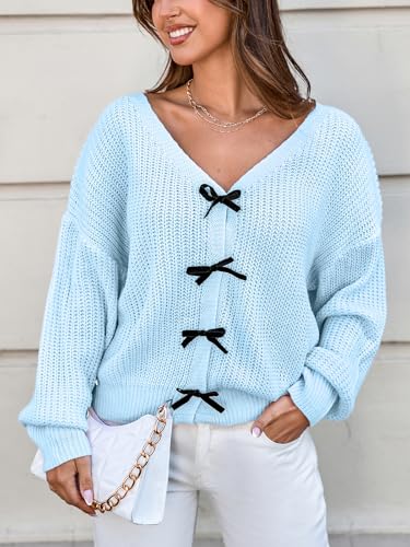 Image of CUPSHE Womens Sweaters Bow Sweater Neck Casual Long Sleeve Lightweight Crochet Pullover Sweater Tops