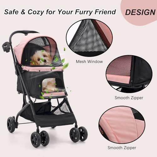 Romiromi Hundewagen bis 15 kg,Faltbar Hundebuggy mit Netzfenstern Lagerkorb & Getränkehalter,4 Räder Drehbar,Für Kleine/Mittlere Katzen und Hunde von 4-15kg,Ganz Saisonal, Rosa