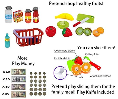 FUNERICA Play Cash Register Toy for Kids - with Working Microphone, Scanner, Calculator, Pretend Play Food Toys, Cuttable Fruits, Cashier Toy, Play Money, & Grocery Toys