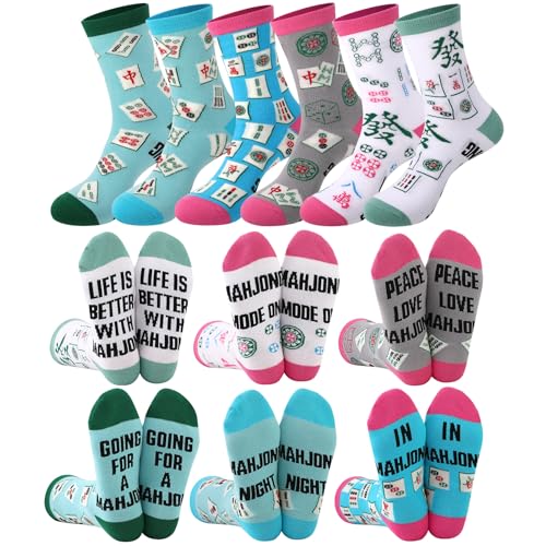 scenicamp 6 Pairs Funny Mahjong Socks for Women Cotton Cute Crew Socks Mah Jong Patterns Gifts for Mahjong Lovers Basket Stuffers(White blue light blue gray)