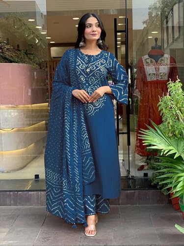 Image of GoSriKi Kurta Sets for Women Rayon Viscose Bandhani Printed | Kurti Set for Woman | Kurta Pant Dupatta Set | Straight Kurti | Round Neck 3 /4 Sleeve Suit Set for Women Stylish Ethnic Outfit
