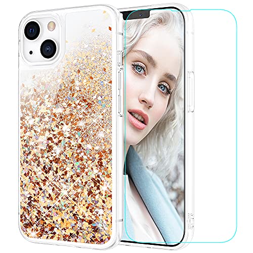 Maxdara Compatible with iPhone 13 Case, iPhone 13 Glitter Case for Girls Women (Screen Protector) Bling Sparkle Luxury Pretty Glitter Liquid Phone Case for iPhone 13 6.1 inches (Gold Silver)