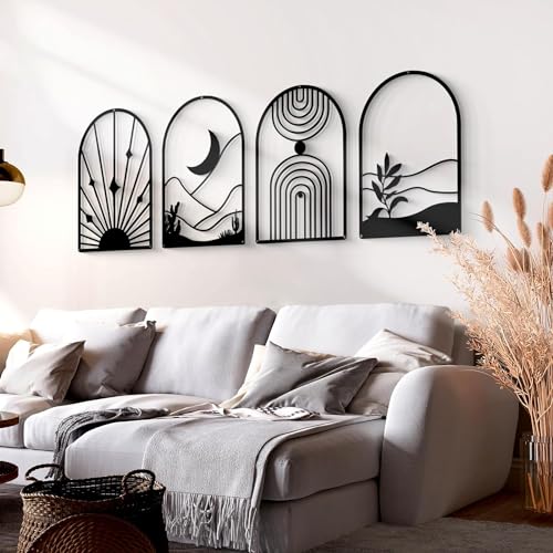 Image of SHILP HANDICRAFT 4 Pack Boho Abstract Wood Wall Art | Minimalist Decor Bohemian Line Art | Geometric Line Sun Moon Arch Leaf, 3D Textured Sculptures, for Living Room Bedroom 12 inch