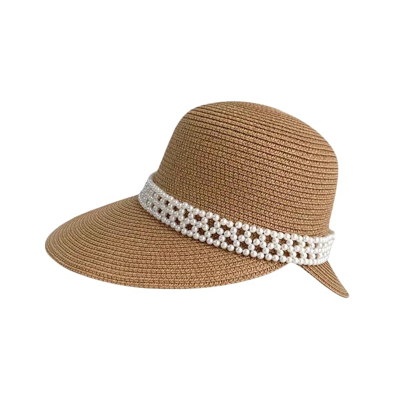 Cappello Estivo Traspirante a Tesa Larga in Paglia per Donna,Cappelli da Sole in Paglia Intrecciata con Protezione Uv e Perle,Cappello da Spiaggia Leggero per Giardino,Viaggio,Attività All'Aperto