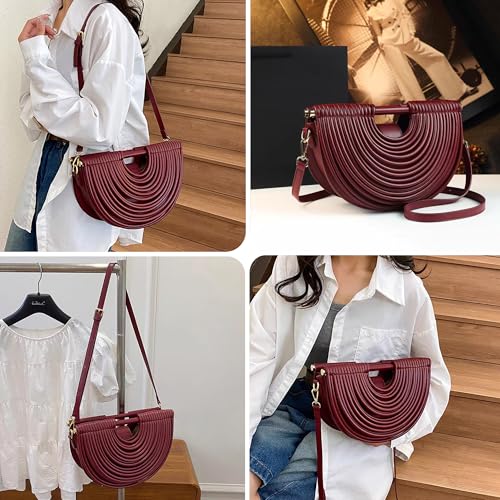 Image of Trendy Woven Evening Clutch Purse Half Round Designer Shoulder /Crossbody Bag Top-Handle Satchel Handbags
