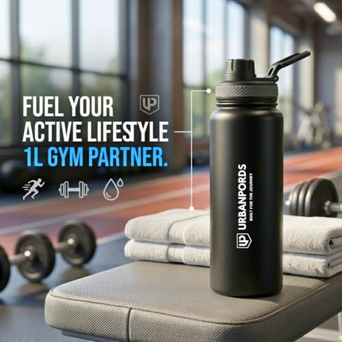 Image of 1L Stainless Steel Water Bottle - Leakproof Fridge Bottle, BPA-Free & Rust Proof Metal Flask, 1000ml Sipper Bottle for School, Office, Gym & Home (Black)
