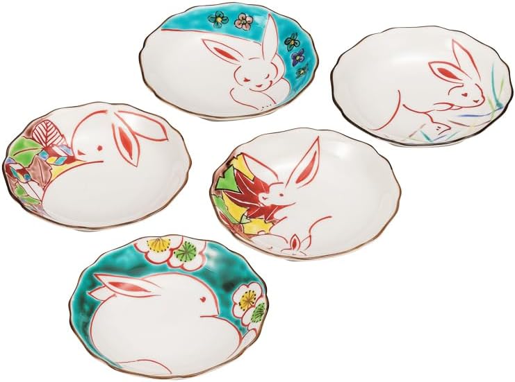 Kutani Yaki Wataya No. 4.2 Plates, Flower Rabbit K9-98