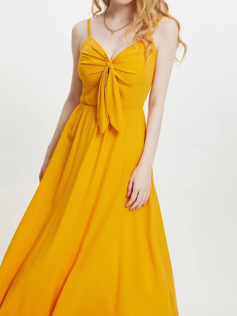 Buy Istyle Can Solid Mustard Color Strappy A-Line Dress for Women Sling  V-Neck Dress Below The Knee Length Midi Dress for Women | Dresses for Women  Long Dresses for Women at Amazon.in