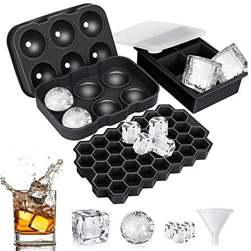SAMSYOKI 3pcs cubitera de hielo con tapa bandeja de hielo con tapa silicona con embudo, 6+6+37 compartimentos molde para cubitos de hielo para Whisky Cócteles Bebidas Frías Jugo (negro) Cover
