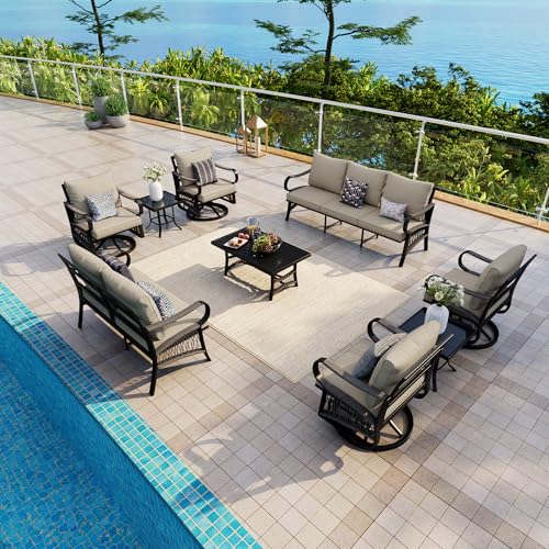 Image of 9 Pieces Patio Conversation Sets, All-Weather Metal Swivel Rocking Chairs with Rope Furniture Set, Outdoor Sofa Couch for Deck, Porch, Garden, Backyard, Poolside (Beige Cushions)