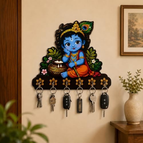Image of Premium Baby Cute Krishna Key Holder for Home /Office Decor /Key Hanger for Wall Decor,Decorative Item for Home Handcrafted Krishna Wooden Key Holder 6 Hooks, Floral Pattern (10x10 inch)